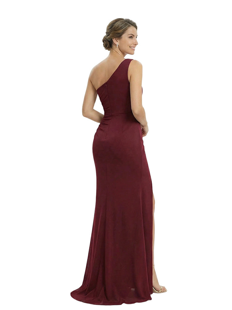 Elegant One Shoulder Ruched Satin Mother Of The Bride Gown With Side Slit