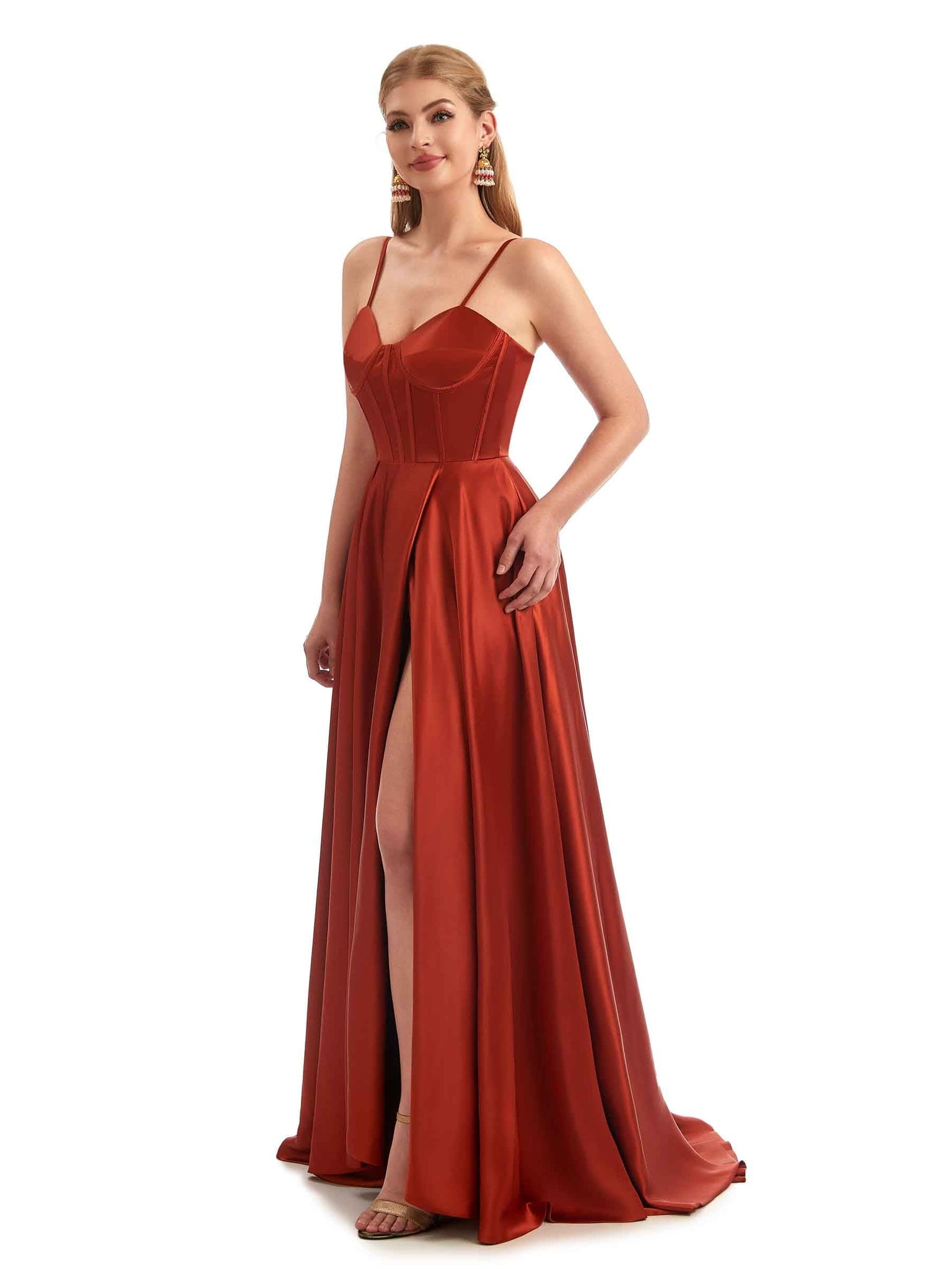 A-Line Formal Satin Long Bridesmaid Dresses UK Online Side Split Spaghetti Straps
