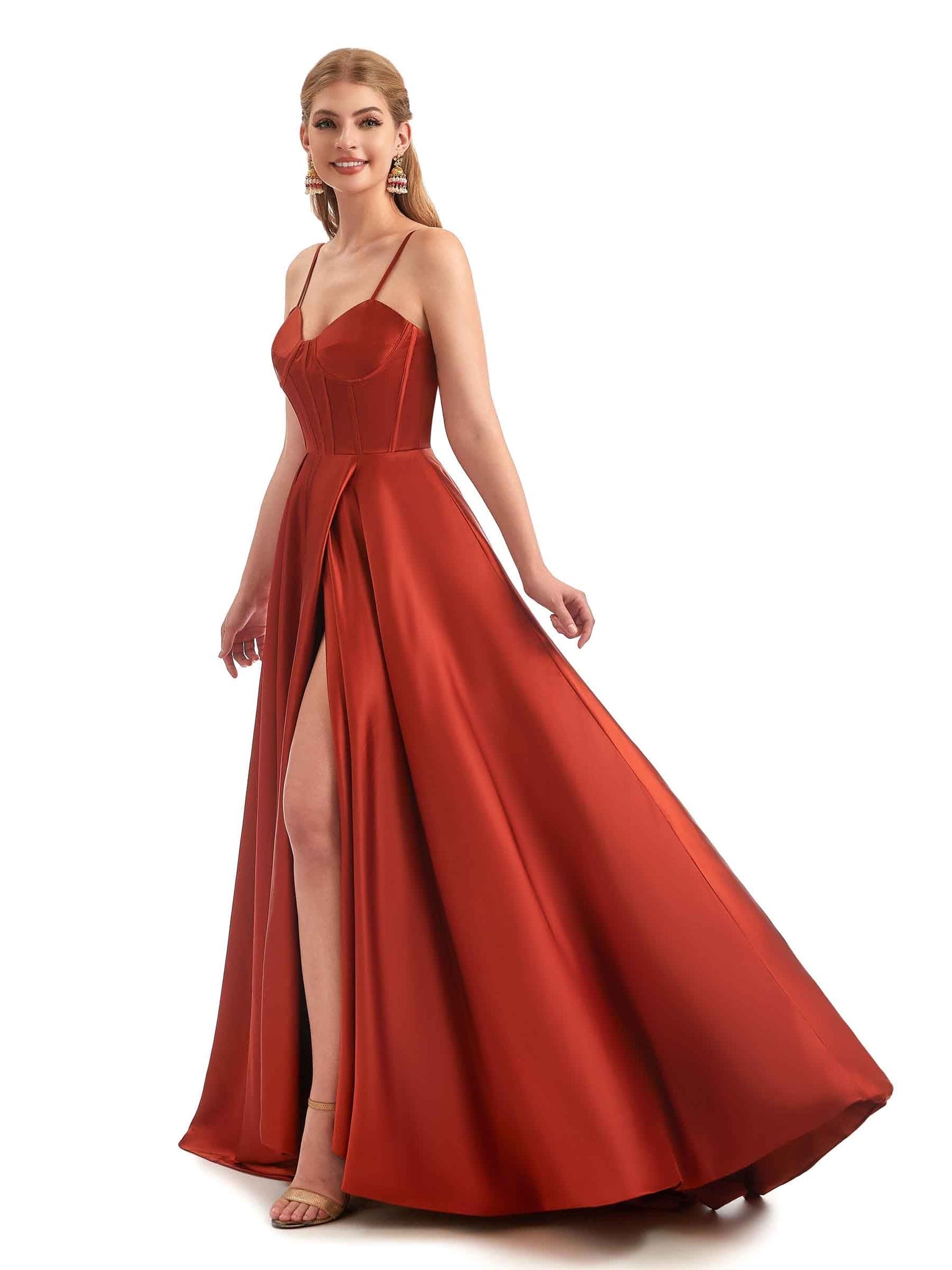 A-Line Formal Satin Long Bridesmaid Dresses UK Online Side Split Spaghetti Straps