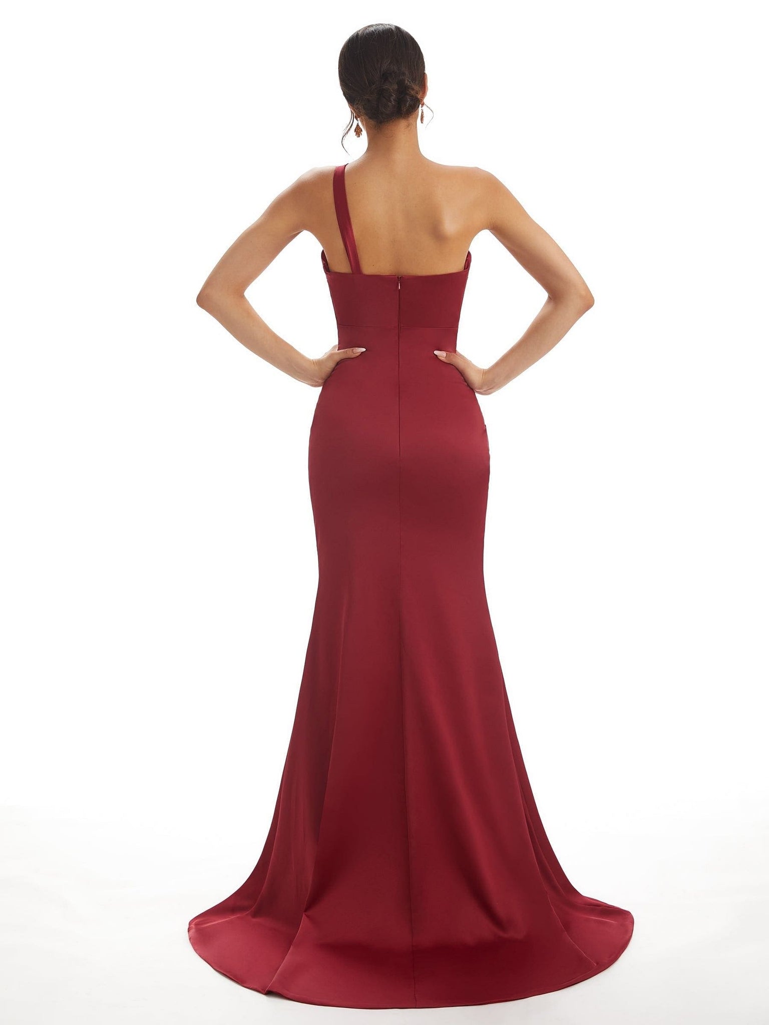 Sexy One Shoulder Soft Satin Side Slit Mermaid Long Bridesmaid Dresses UK