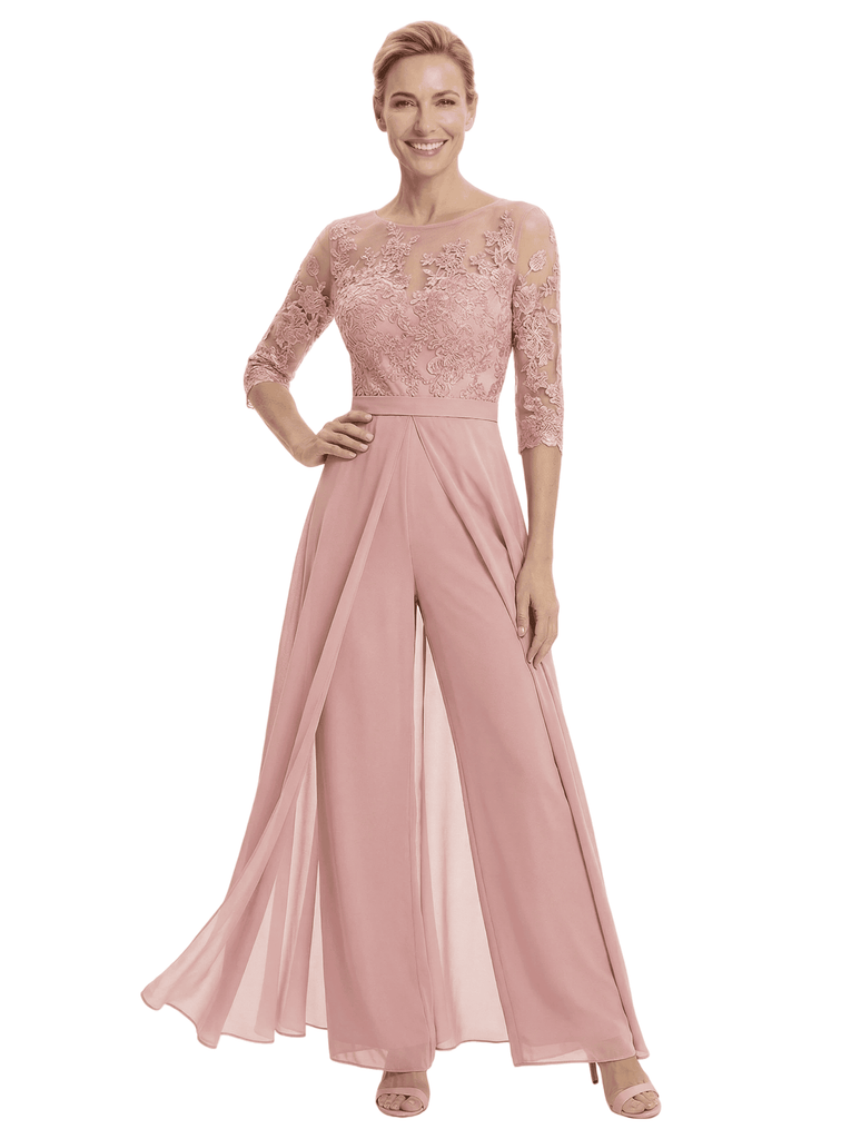 Chicsew Stylish Illusion 3/4 Sleeve Lace Mother of The Bride Jumpsuit Flowy Chiffon Modern Occasion Wear
