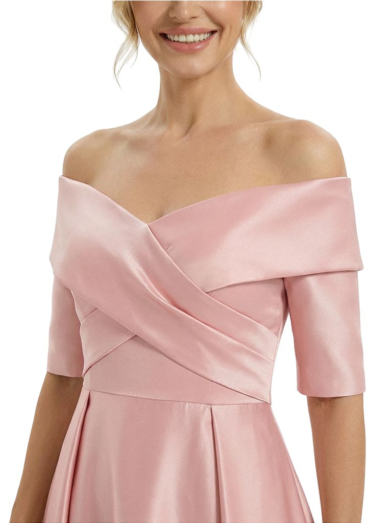 Elegant Off Shoulder Satin Half Sleeves Sheath Mother Of The Bride Dresses Overskirt