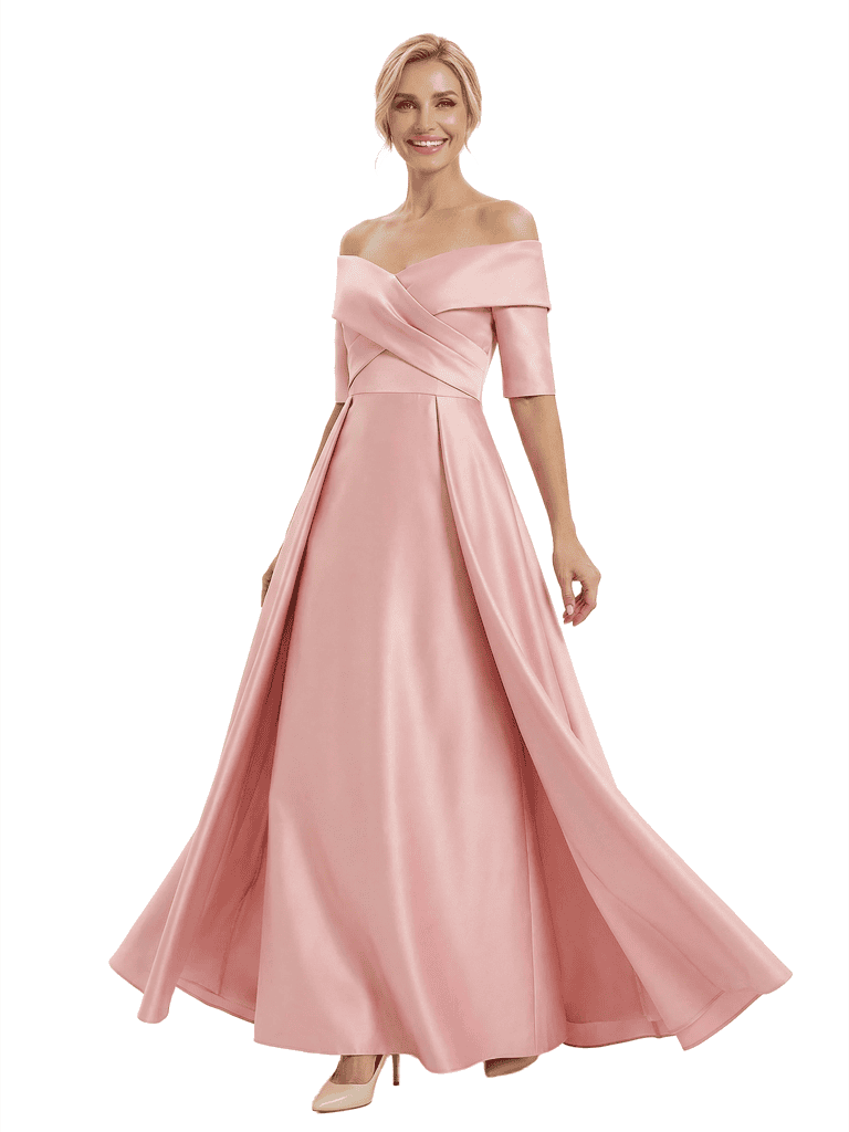 Elegant Off Shoulder Satin Half Sleeves Sheath Mother Of The Bride Dresses Overskirt