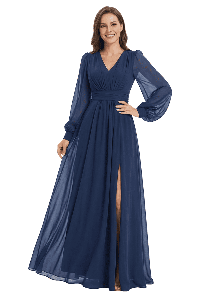 Elegant V-neck Lantern Sleeves Side Slit A-Line Chiffon Mother Of The Bride Dresses
