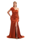 One Shoulder Mermaid Silky Satin Side Split Long Elegant Maid of Honor Dresses