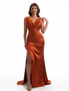 Sexy V-Neck Side Slit Mermaid Ruched Satin Long Bridesmaid Dresses Online