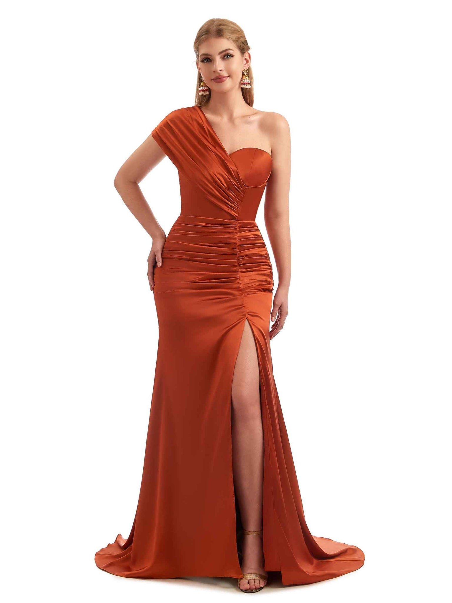 Satin One Shoulder Mermaid Long Elegant Maid of Honor Dresses With Slit UK