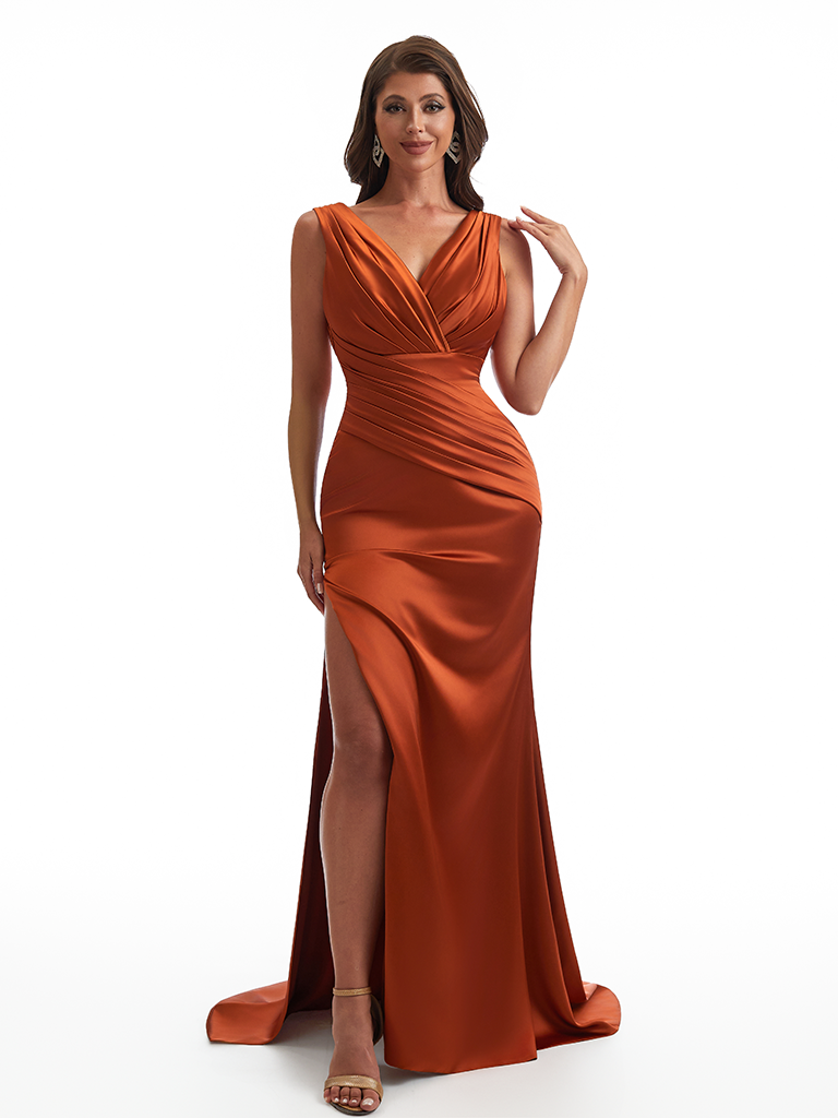Sexy V-Neck Side Slit Mermaid Ruched Satin Long Bridesmaid Dresses Online