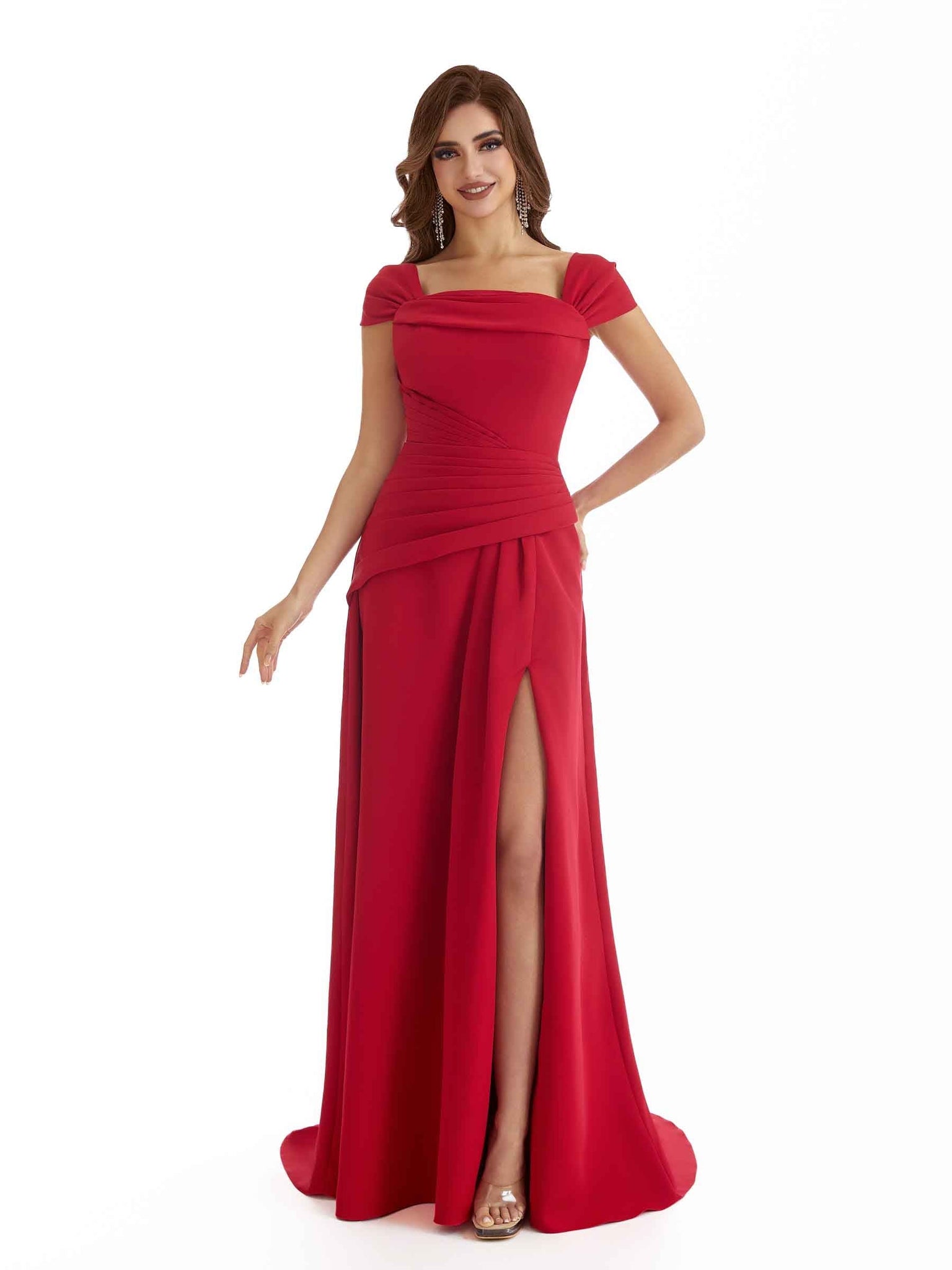 Stretch Crepe Elegant Cap Sleeves Mermaid Side Split Long Women Bridesmaid Dresses UK