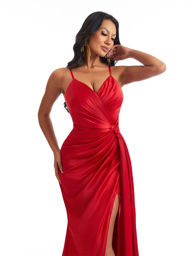 Sexy Mermaid Spaghetti Straps Ruched Side Slit Soft Satin Long Bridesmaid Dresses Online