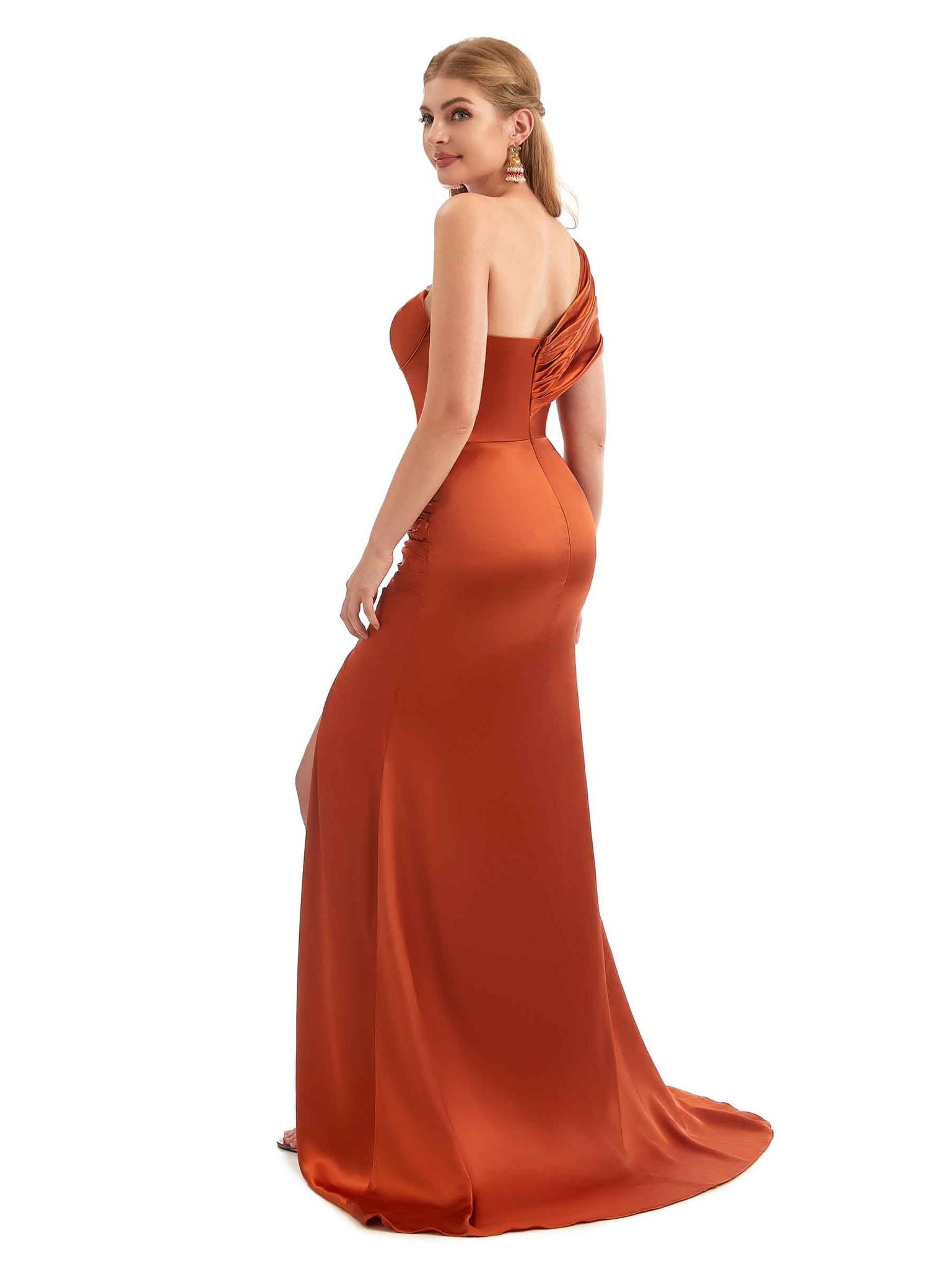 Satin One Shoulder Mermaid Long Elegant Maid of Honor Dresses With Slit UK