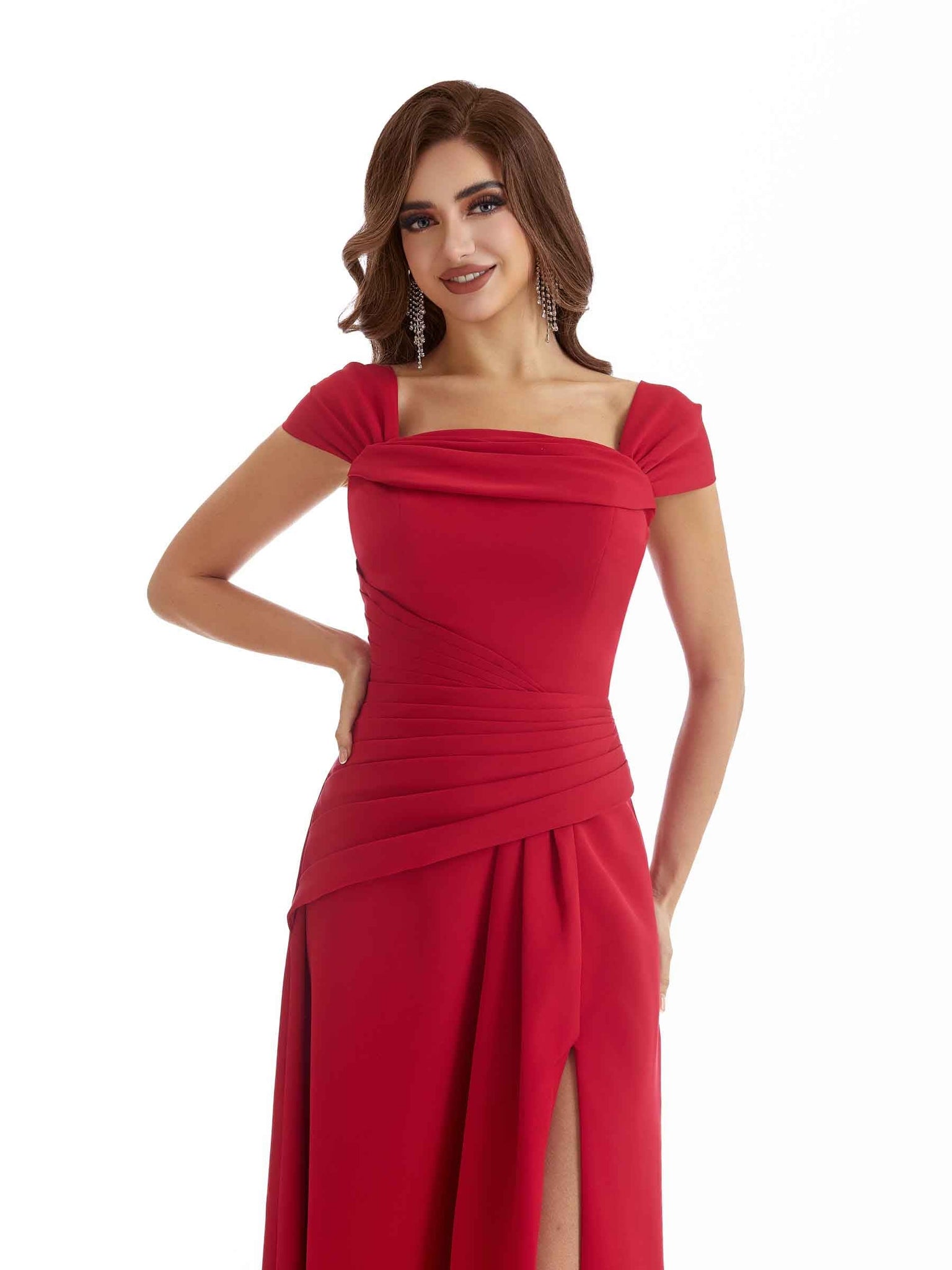 Stretch Crepe Elegant Cap Sleeves Mermaid Side Split Long Women Bridesmaid Dresses UK