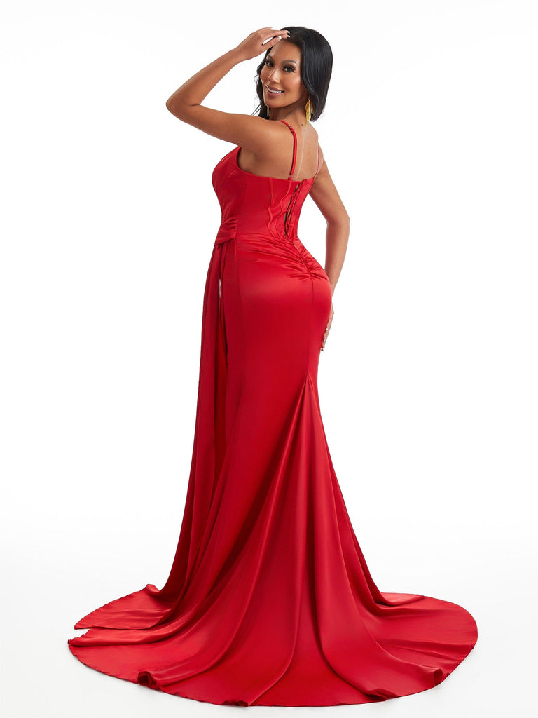 Sexy Mermaid Spaghetti Straps Ruched Side Slit Soft Satin Long Bridesmaid Dresses Online
