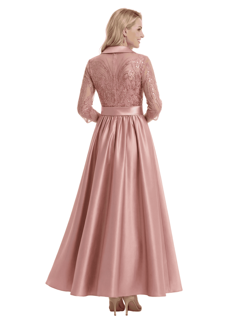 Chic 3/4 Sleeves Mother Of The Bride Dress Maxi A-Line Satin Gown with Lace
