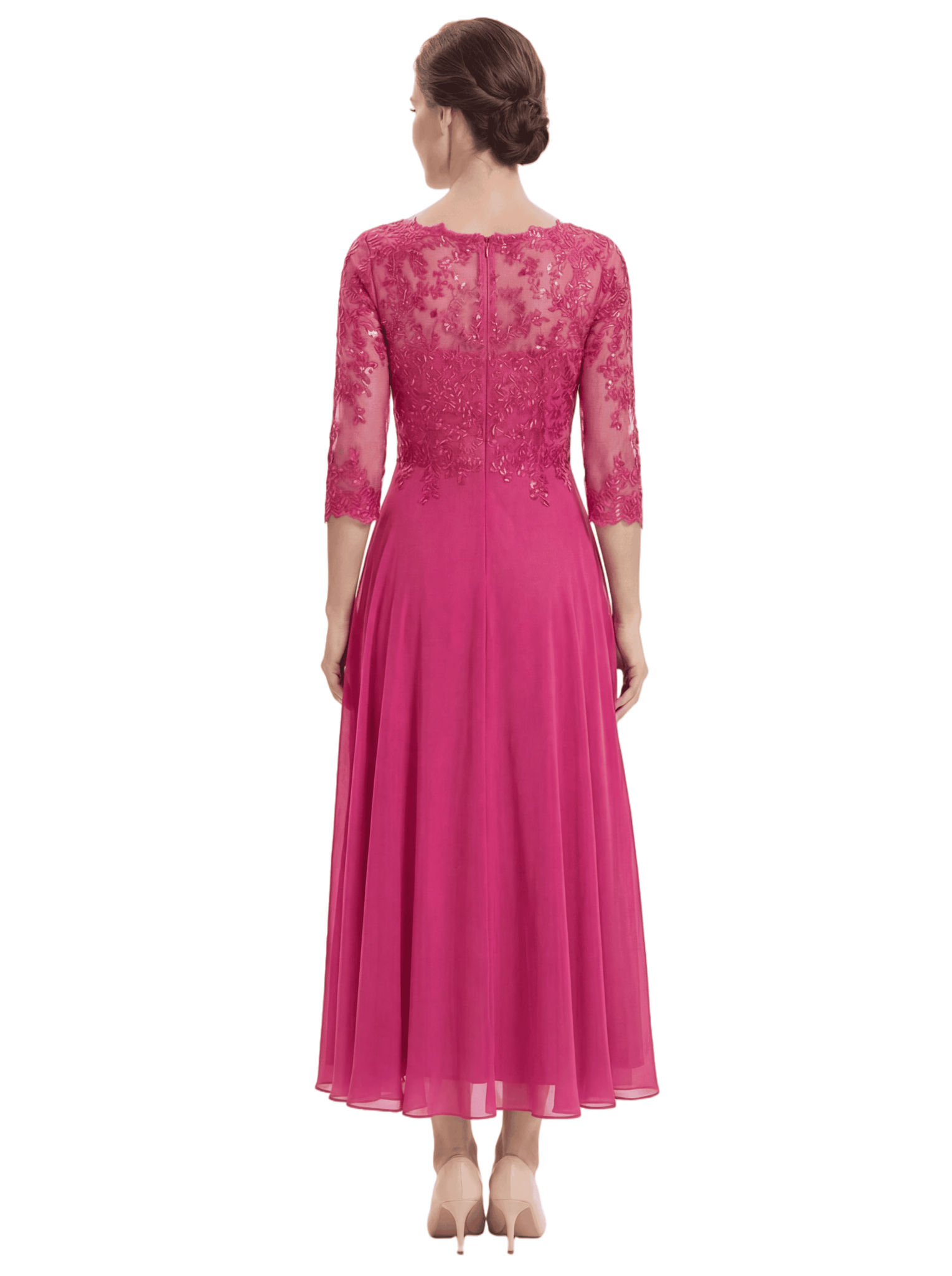 Chicsew Pretty Scoop 3/4 Sleeve Lace Sequin Mother of The Groom Dress Asymmetric Midi Chiffon Gown