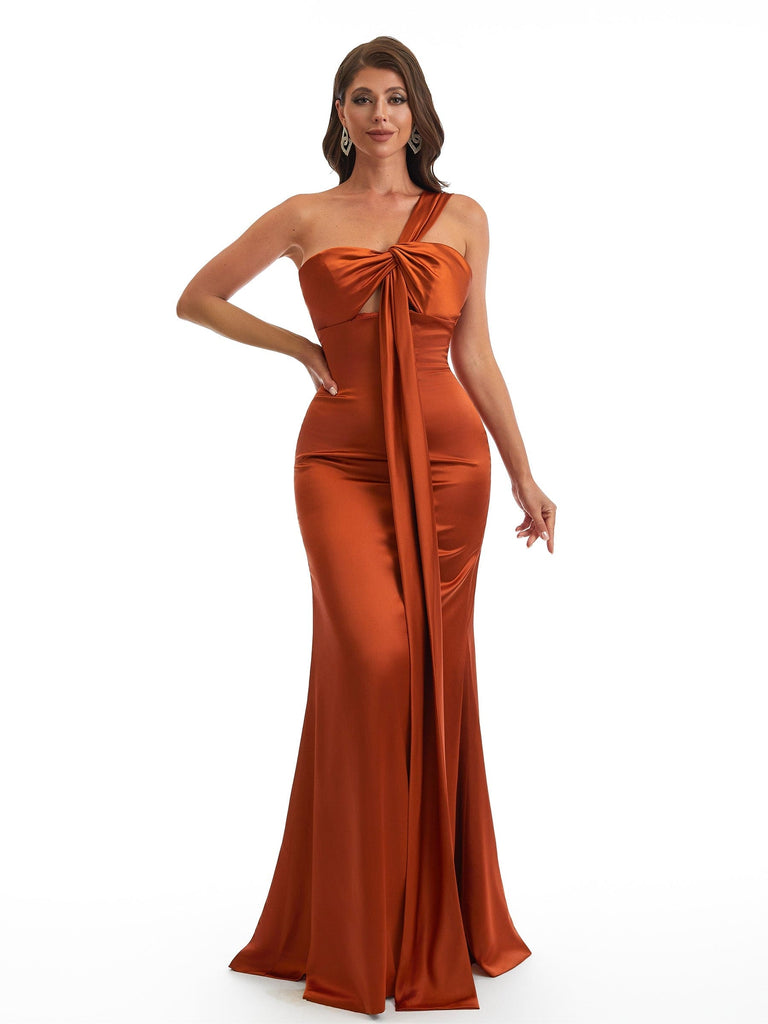 Elegant One Shoulder Mermaid Satin Ruched Unique Long Bridesmaid Dresses