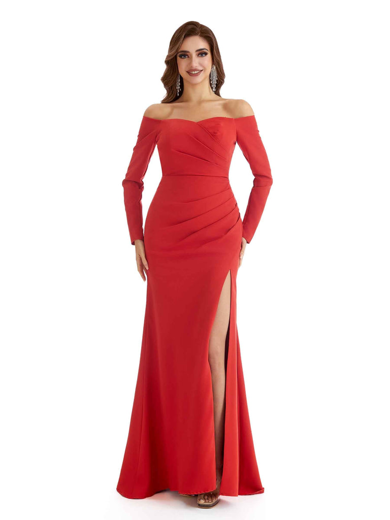 Sexy Off The Shoulder Long Sleeve Mermaid Side Split Stretchy Crepe Long Formal Bridesmaid Dresses