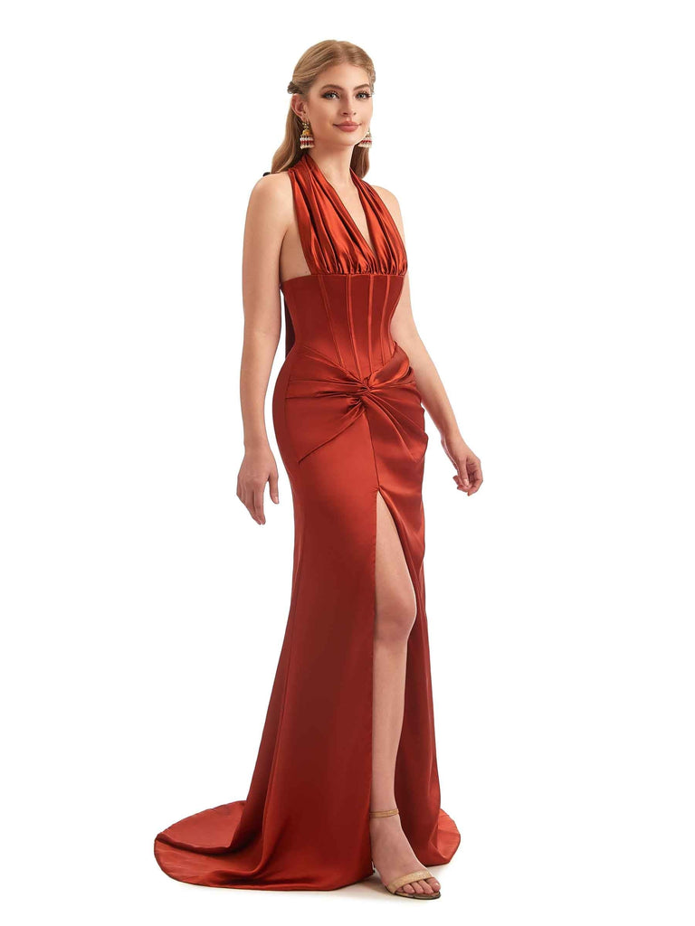 Sexy Side Slit Halter Mermaid Silky Satin Unique Long Boho Chic Bridesmaid Dresses