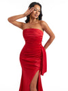 Sexy Strapless Mermaid Side Slit Ruched Soft Satin Long Maid Of Honor Dresses Online