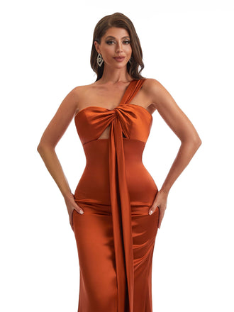 Elegant One Shoulder Mermaid Satin Ruched Unique Long Bridesmaid Dresses