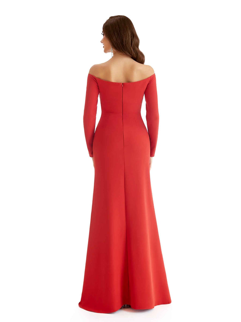 Sexy Off The Shoulder Long Sleeve Mermaid Side Split Stretchy Crepe Long Formal Bridesmaid Dresses