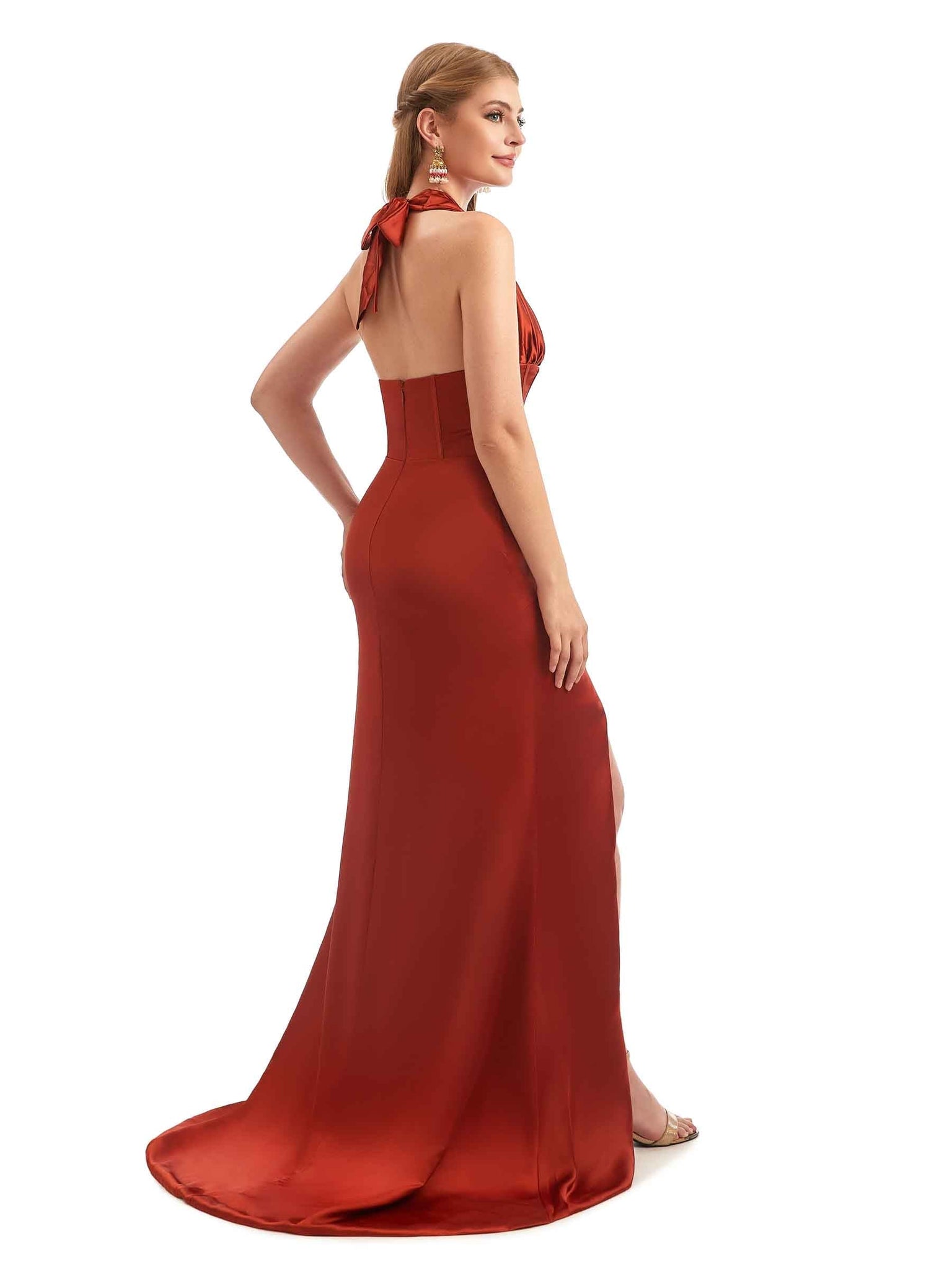 Sexy Side Slit Halter Mermaid Silky Satin Unique Long Boho Chic Bridesmaid Dresses UK