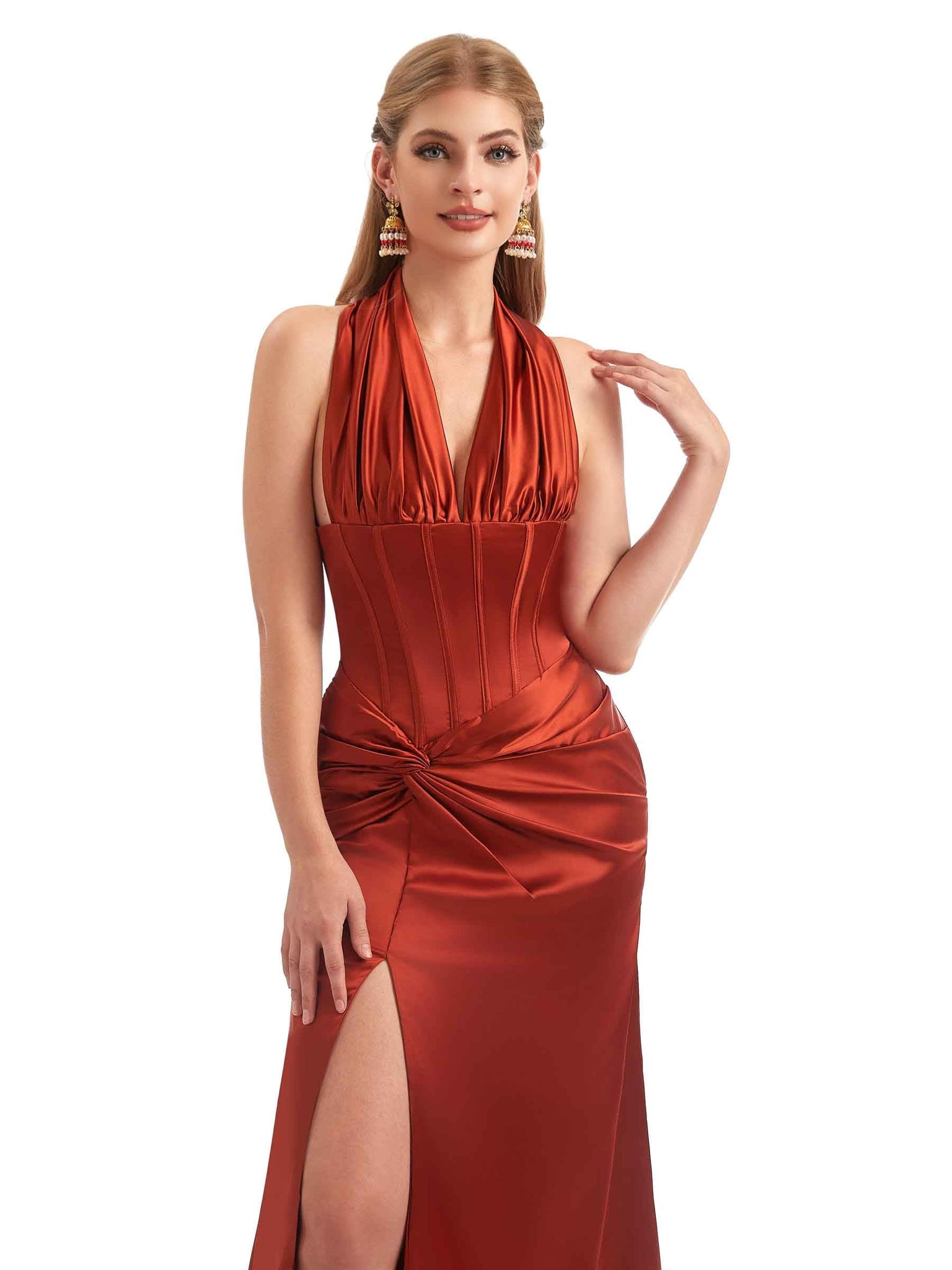 Sexy Side Slit Halter Mermaid Silky Satin Unique Long Boho Chic Bridesmaid Dresses UK