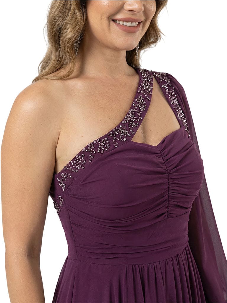 Sexy One Shoulder Long Sleeve  A-Line Mother of The Bride Chiffon Flowy Party Gown