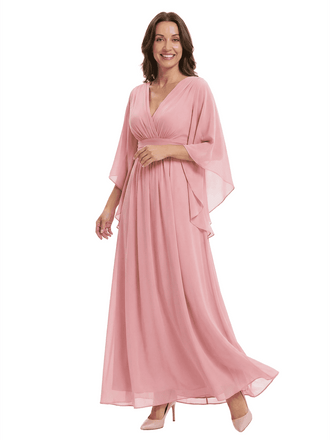Chicsew Stunning Long Flutter Sleeve Ruched Chiffon Mother of The Bride Gown