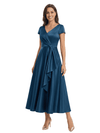 Elegant Cap Sleeves V-Neck Ruffles Ankle-Length Satin Mother Of The Bride Dresses