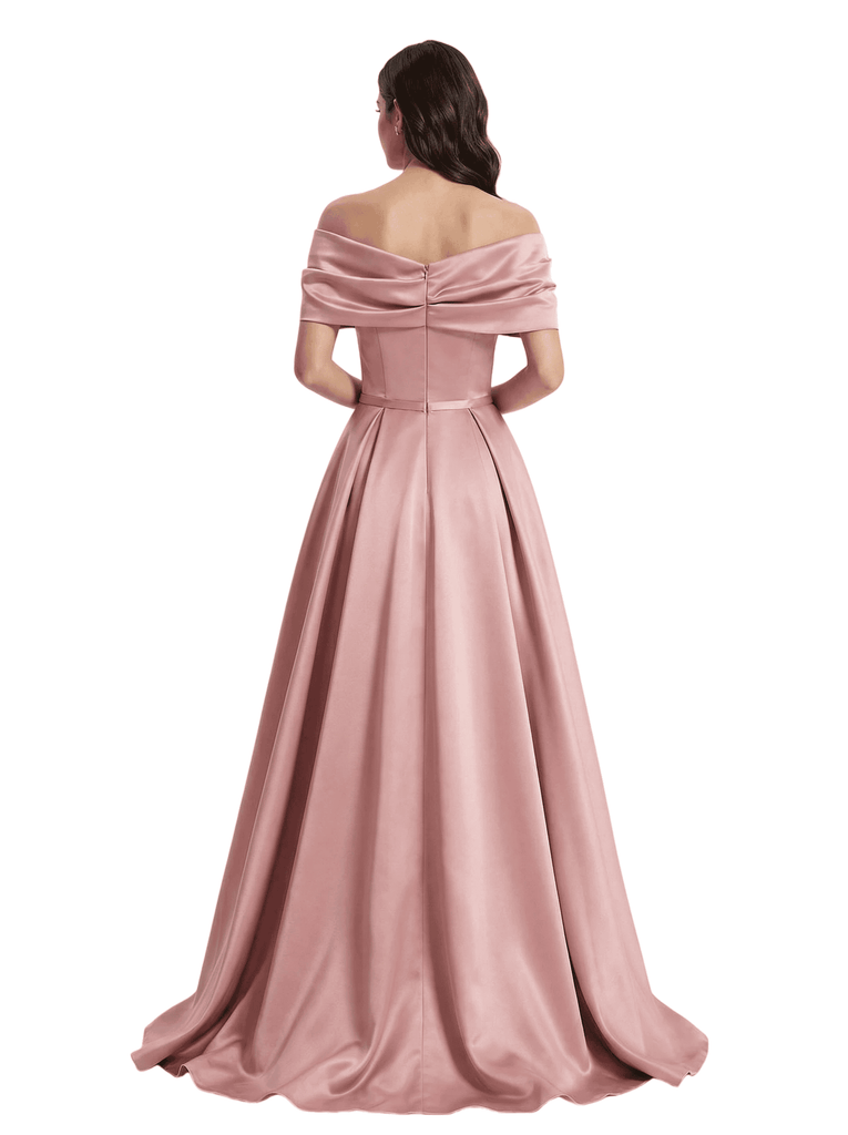 Satin A-Line Mother Of The Bride Dress Off Shoulder Bow Formal Floor Length Gown