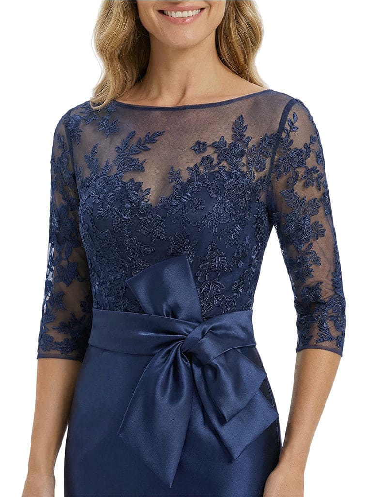 Chicsew Classy Tea-Length 3/4 Sleeves Satin Mother Of The Bride Dress With Illusion Lace Bodice