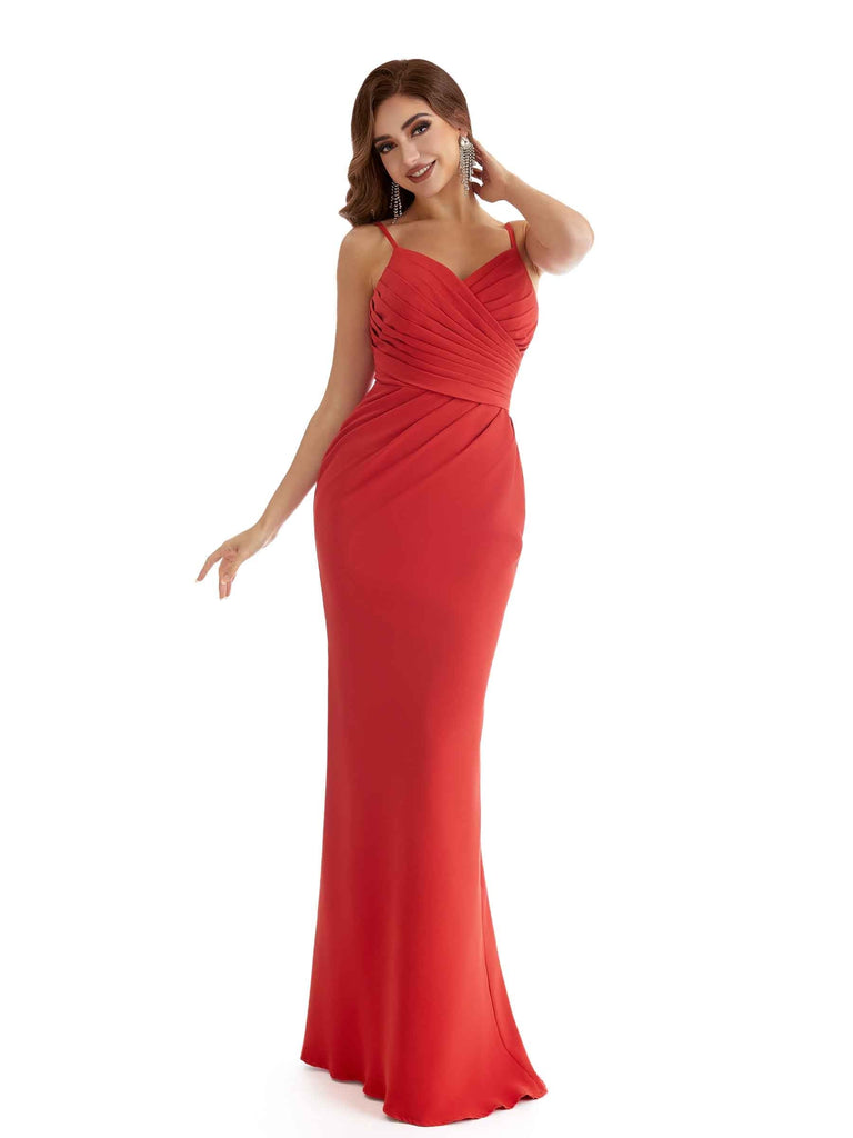 Elegant Spaghetti Straps V-Neck Mermaid Side Split Stretchy Crepe Long Formal Bridesmaid Dresses