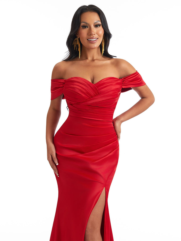 Sexy Mermaid Off The Shoulder Side Slit Ruched Satin Long Wedding Party Dresses Online
