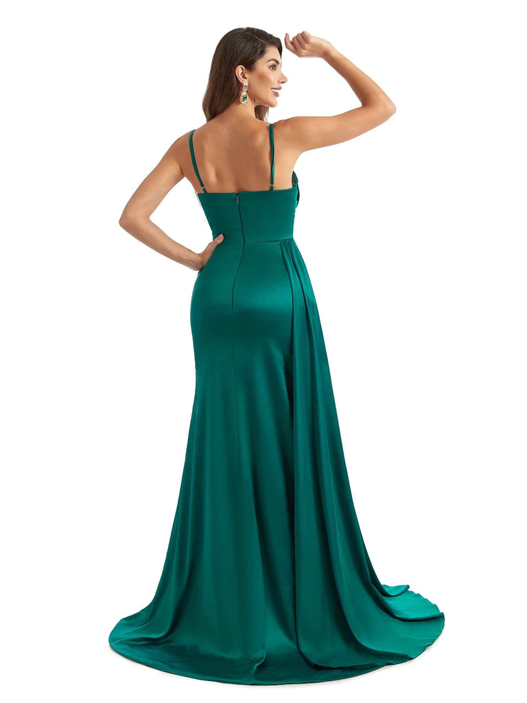 Sexy Side Split Cowl Neck Maxi Chic Satin Spaghetti Straps Formal Bridesmaid Dresses Online