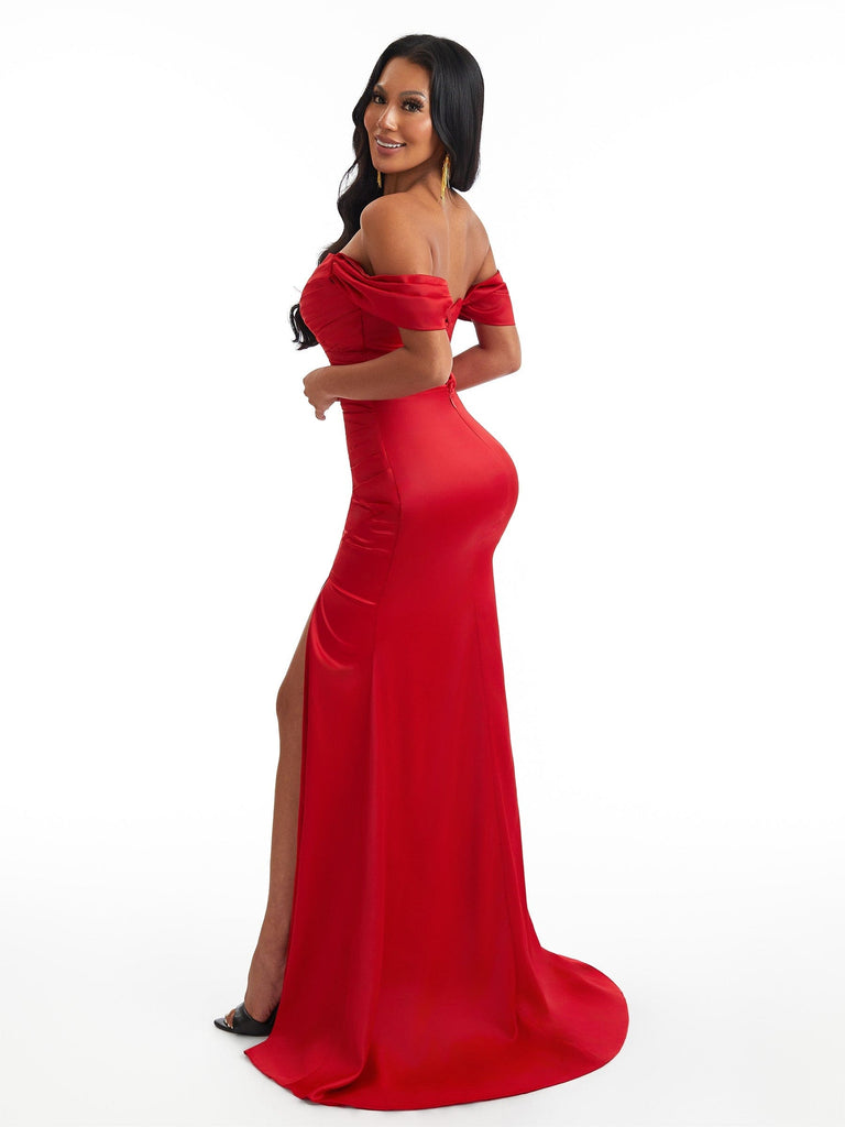 Sexy Mermaid Off The Shoulder Side Slit Ruched Satin Long Wedding Party Dresses Online