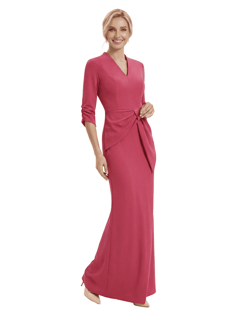 Chicsew Fancy Crepe V-neck Ruched Sheath Gown Half Sleeves Mother Of The Groom Dress