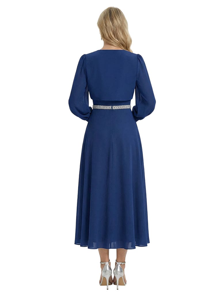 Chicsew Elegant Lantern Sleeve Beaded A-Line Chiffon Mother of The Bride Dress With Jacket