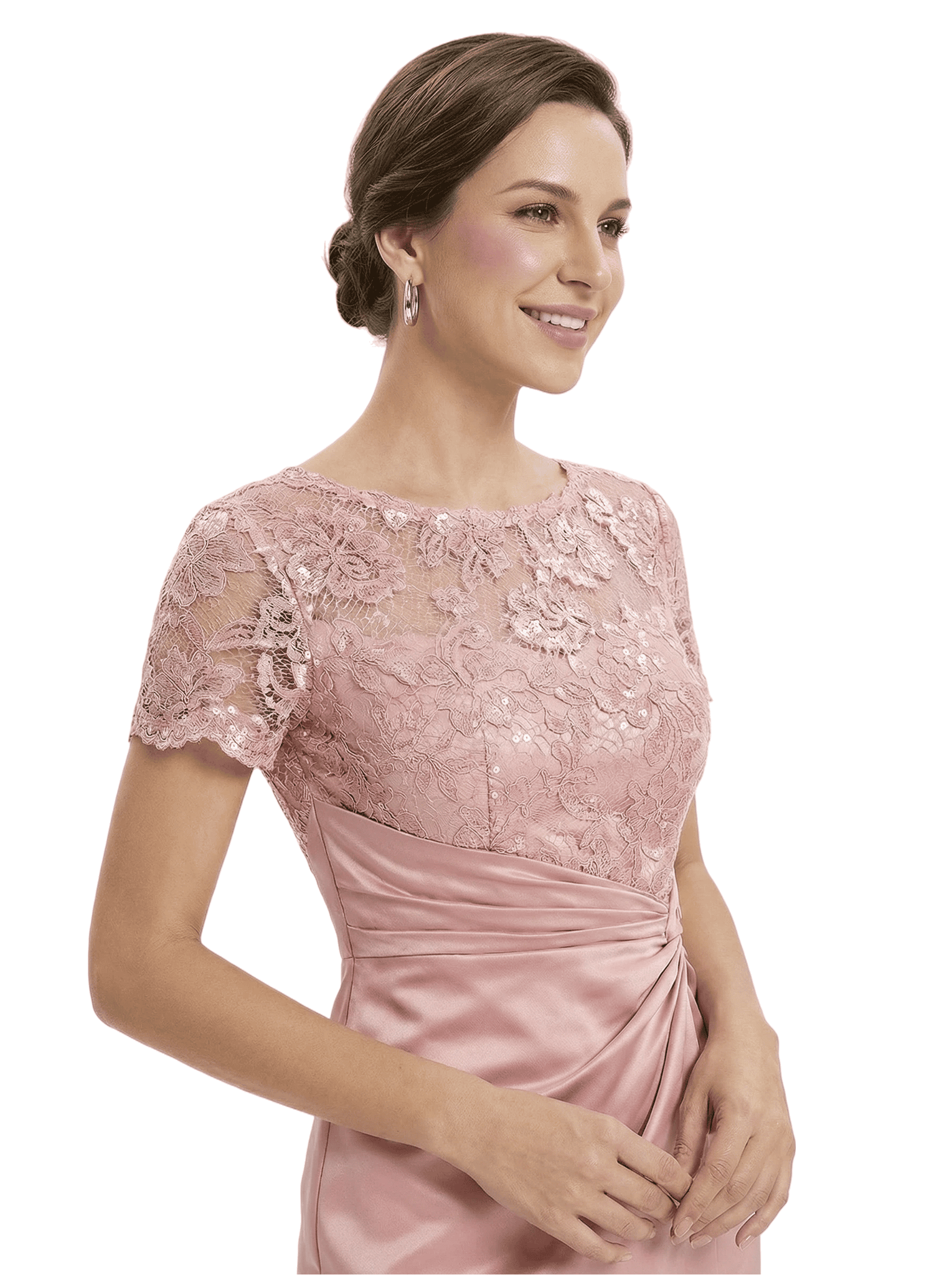 Classy Mother of The Groom Dress Pretty Lace Short Sleeve Satin Ruched Slit Long Mermaid Formal Gown