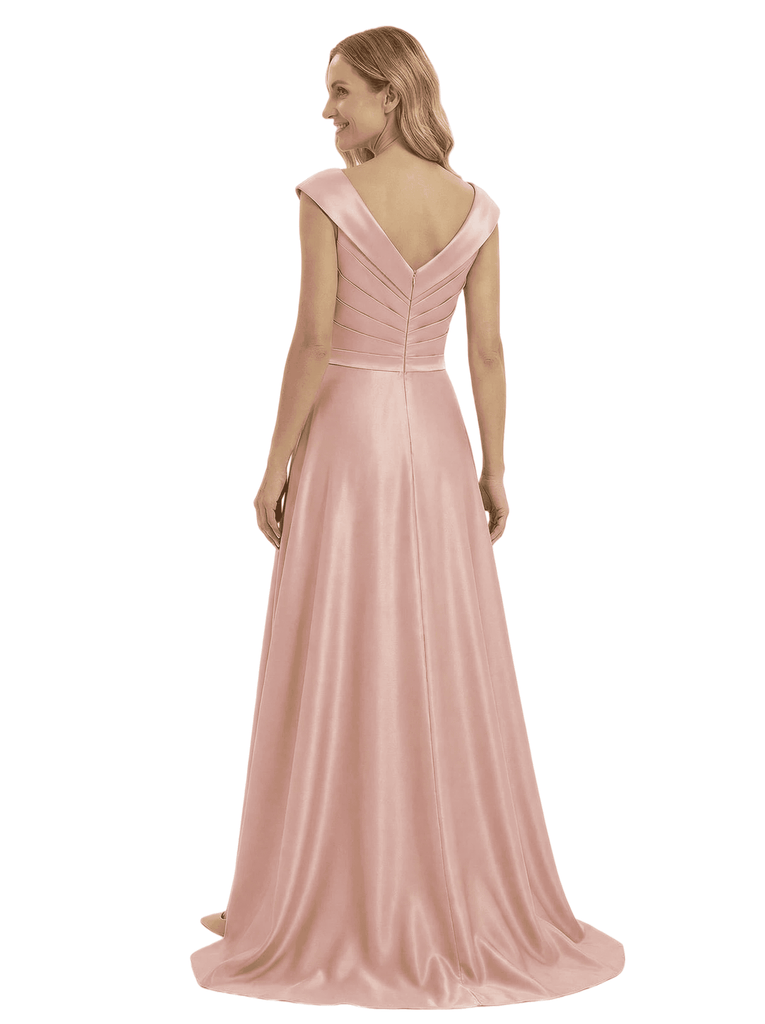 Gorgeous Mother of The Groom Dress Modern V-Neck Satin Wrap A-Line Long Train Formal Evening Gown