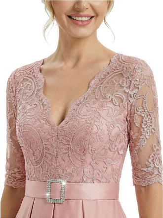 Chicsew Stylish V-Neck 3/4 Sleeves High-Low Satin A-line Mother of The Bride Dresses