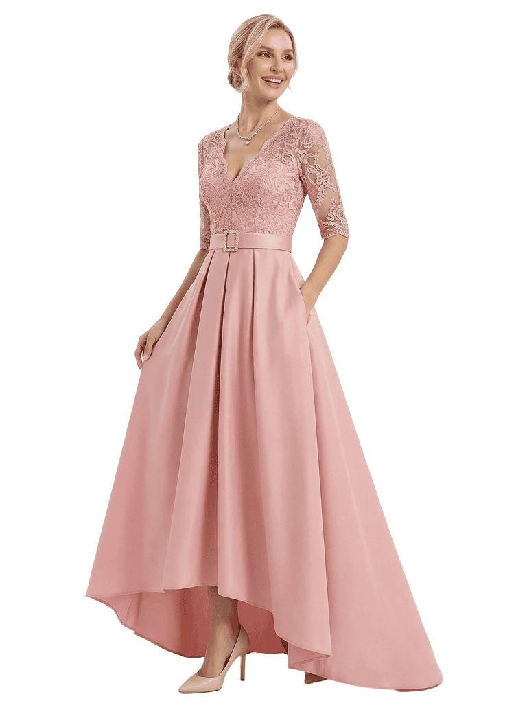 Chicsew Stylish V-Neck 3/4 Sleeves High-Low Satin A-line Mother of The Bride Dresses