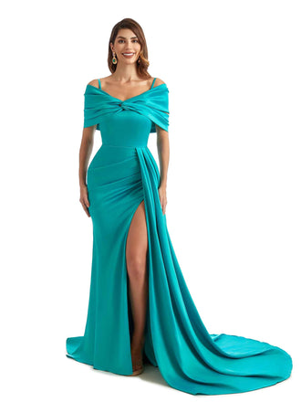 Chic Mermaid Cold Shoulder Side Split Long Satin Formal Bridesmaid Dresses Online