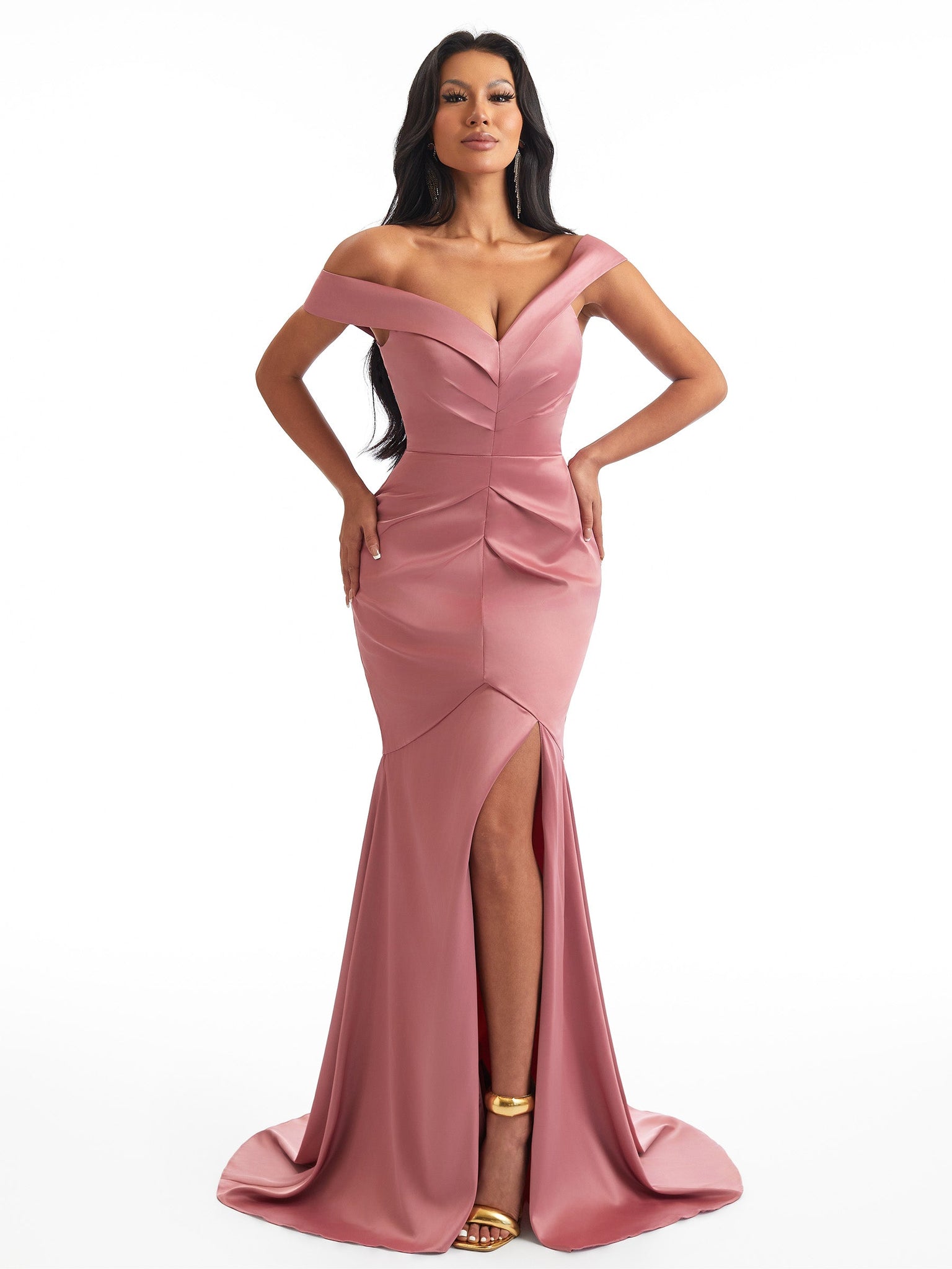 Sexy Off The Shoulder Mermaid Side Slit Soft Satin Unique Long Bridesmaid Dresses Online