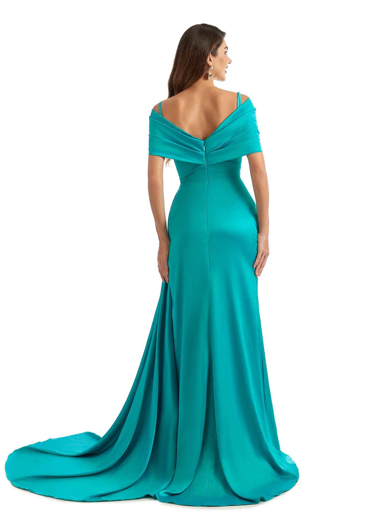 Chic Mermaid Cold Shoulder Side Split Long Satin Formal Bridesmaid Dresses Online