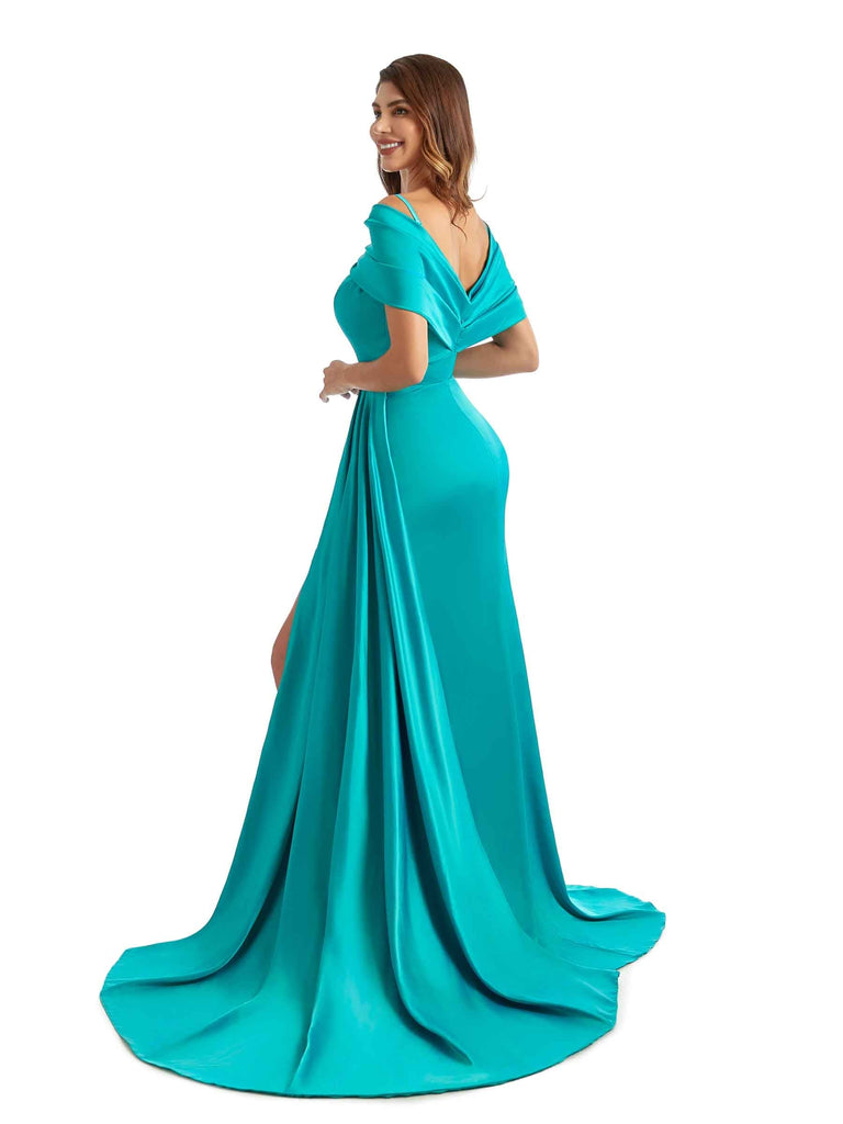 Chic Mermaid Cold Shoulder Side Split Long Satin Formal Bridesmaid Dresses Online