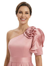 Unique One Shoulder High-Low Satin A-Line Mother Of The Bride Dress Floral Ruffle
