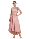 Unique One Shoulder High-Low Satin A-Line Mother Of The Bride Dress Floral Ruffle
