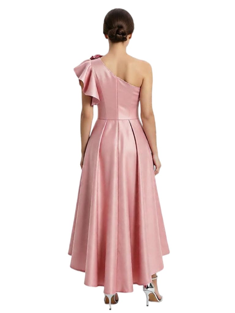Unique One Shoulder High-Low Satin A-Line Mother Of The Bride Dress Floral Ruffle