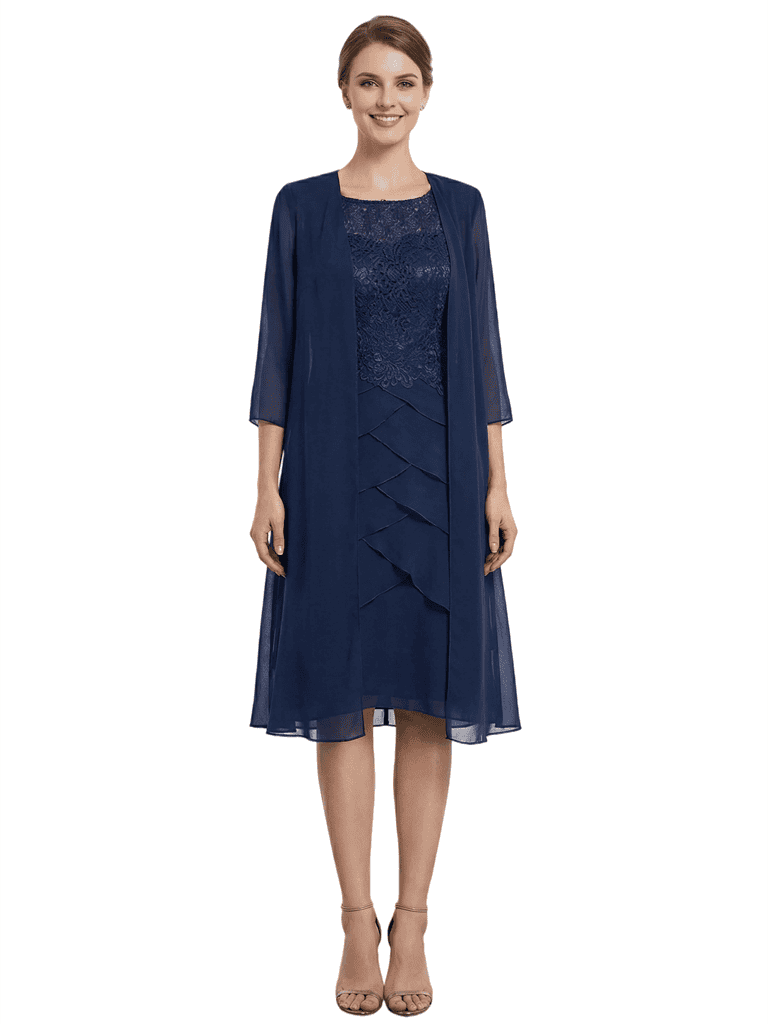 Classy 3/4 Sleeves Tea-Length Chiffon Mother Of The Bride Dress With Jacket